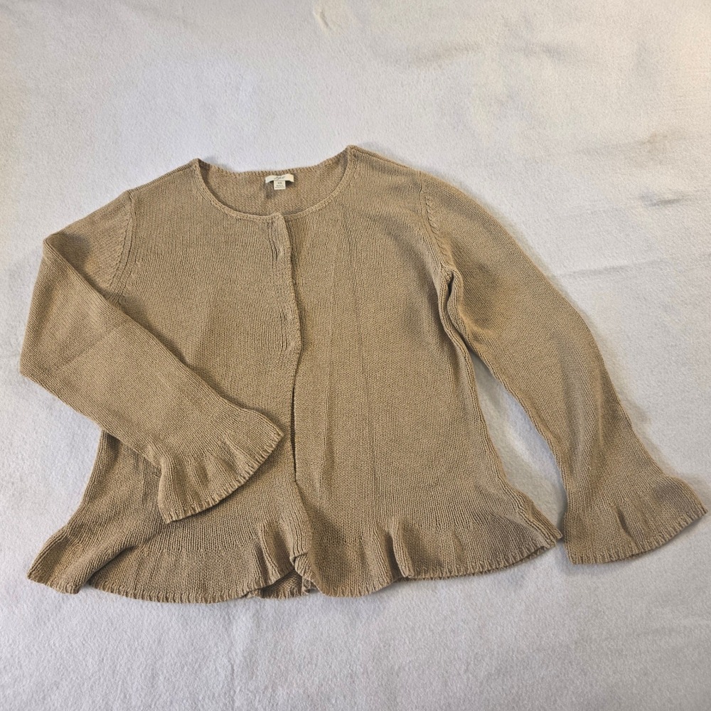J. Jill Womens XS Tan Khaki Cotton Blend Ruffle Cuff Peplum Cardigan Sweater